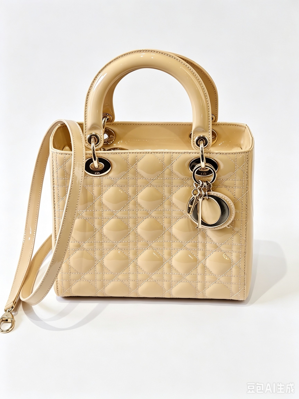 Beige Patent Quilted Top-Handle Women's Bag with Shoulder Strap